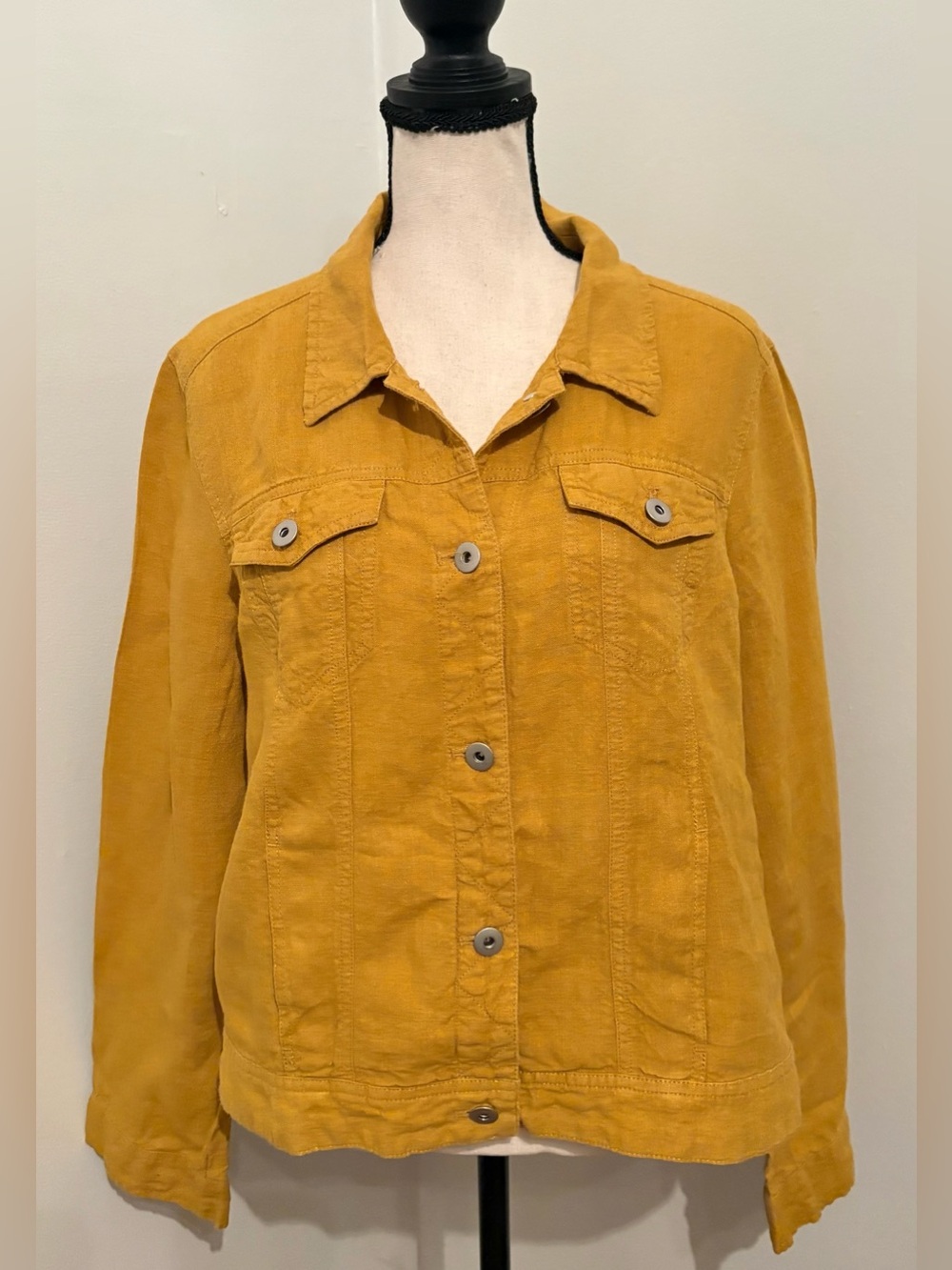 J. Jill "Love Linen" Mustard Yellow Jean-Style Trucker Jacket Size Medium EUC